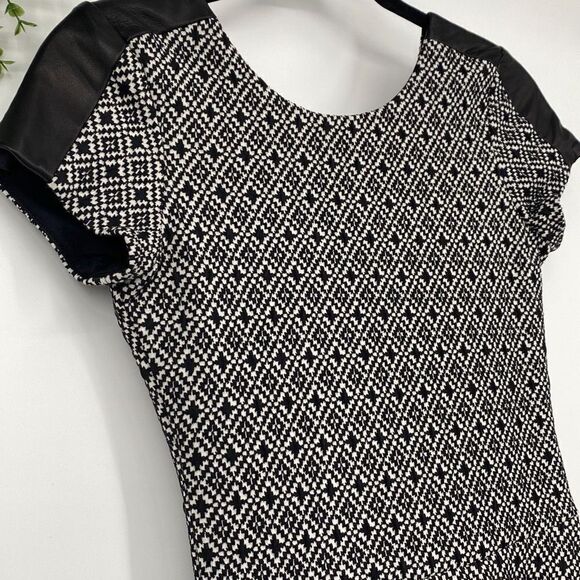 Parker Leather Trim Fit & Flare Stretch Mini Dress Cap Sleeve Black /Cream XS - Picture 5 of 16
